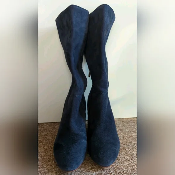 Gorgeous Blue Suede Boots 8 1/2 Covered Wedge Heel - Picture 4 of 12